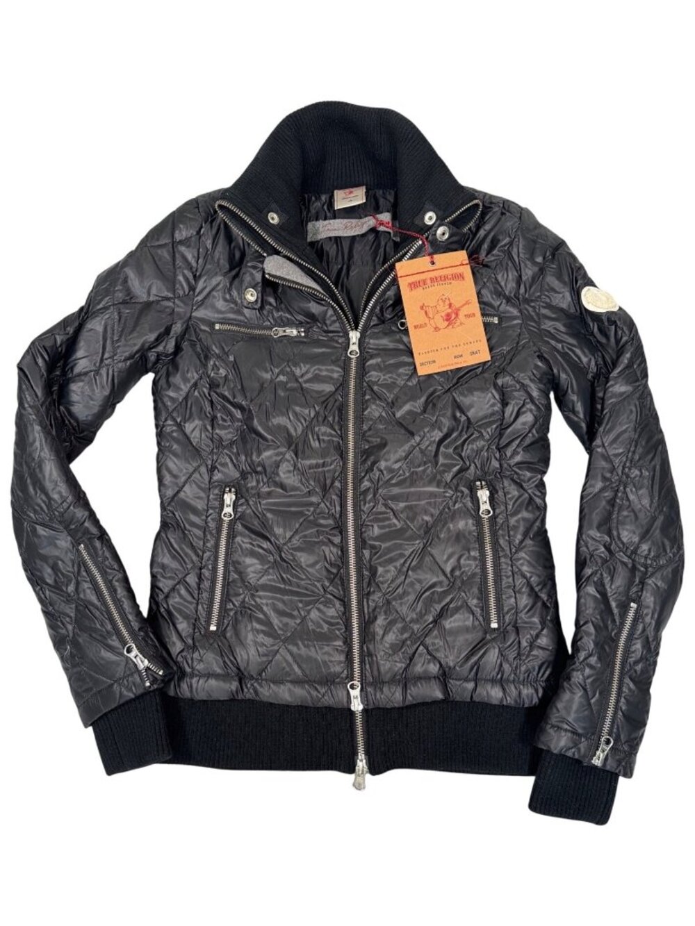 True Religion Quilted Black Jacket Womens XS Ribbed Trim Zipper Retro Y2K Goth
